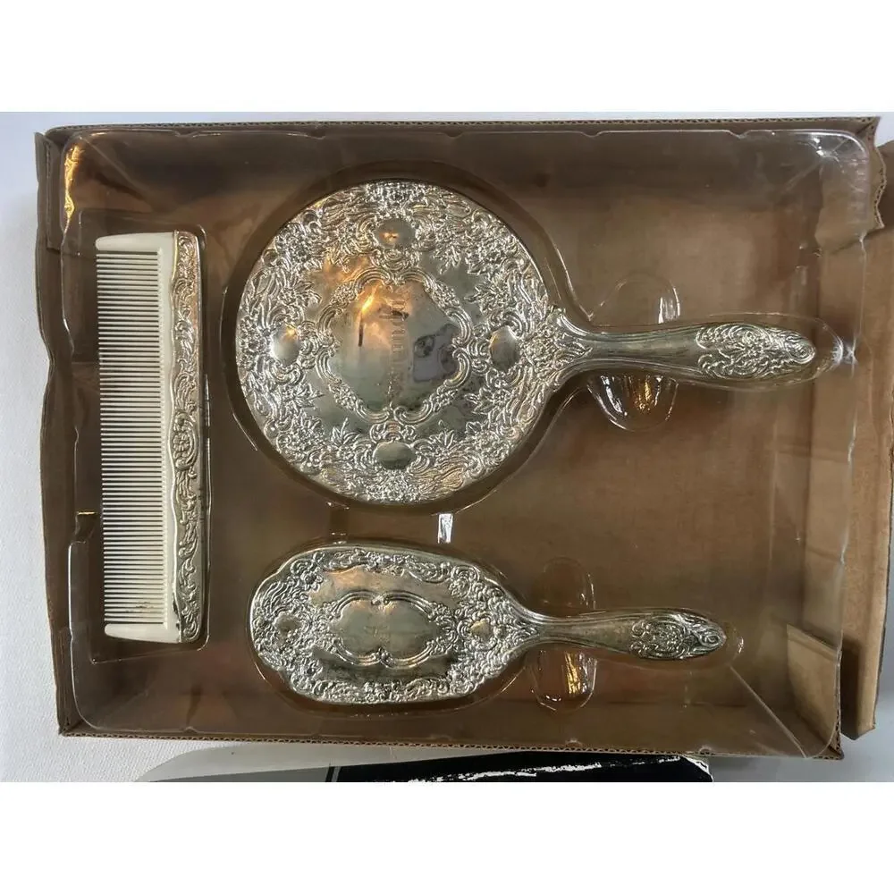 Vintage Silver Plated Vanity Dresser Coquette Personalized “Amanda” Name 3 Piece